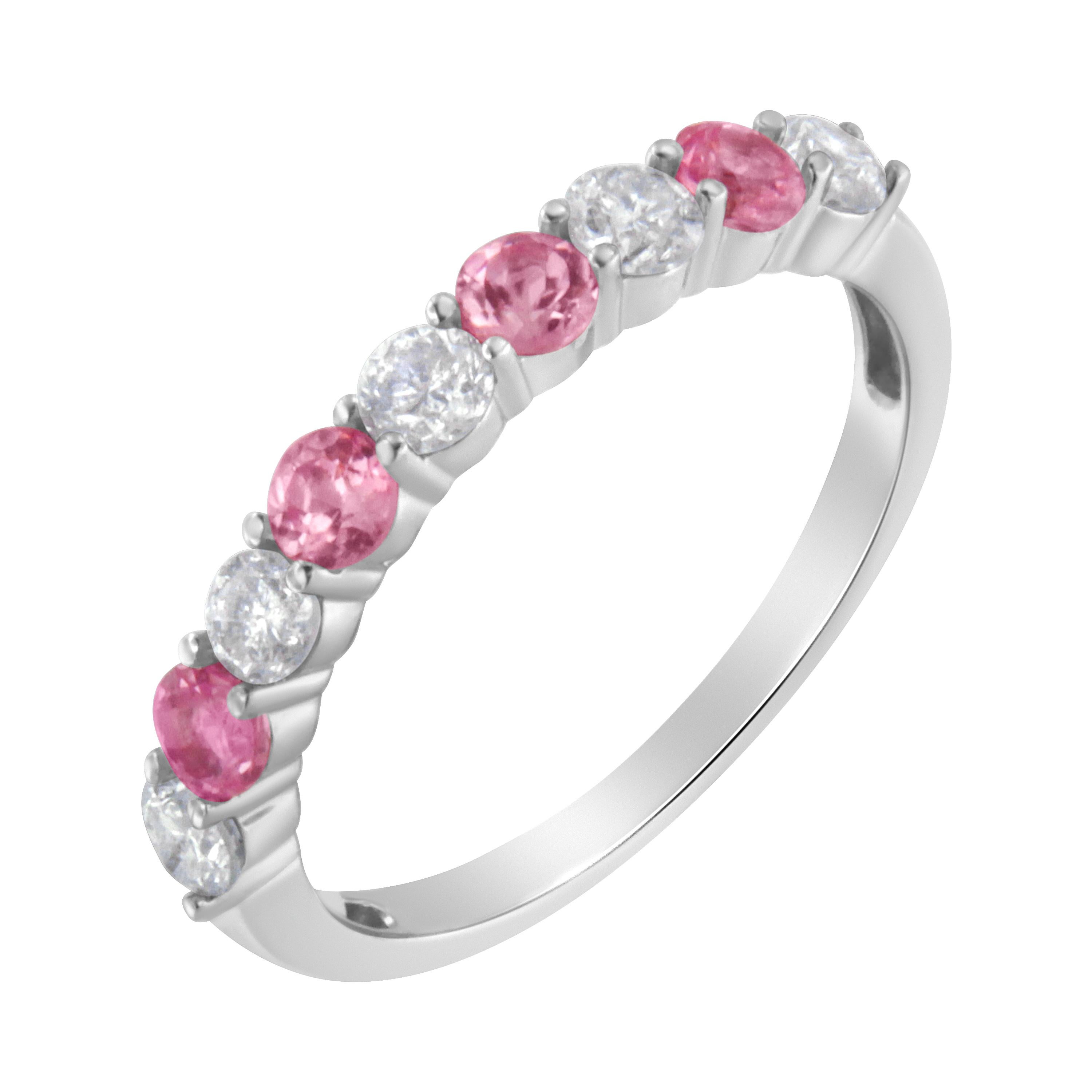 Modern 10KT White Gold Diamond and 3MM Created Pink Sapphire Gemstone Band Ring For Sale
