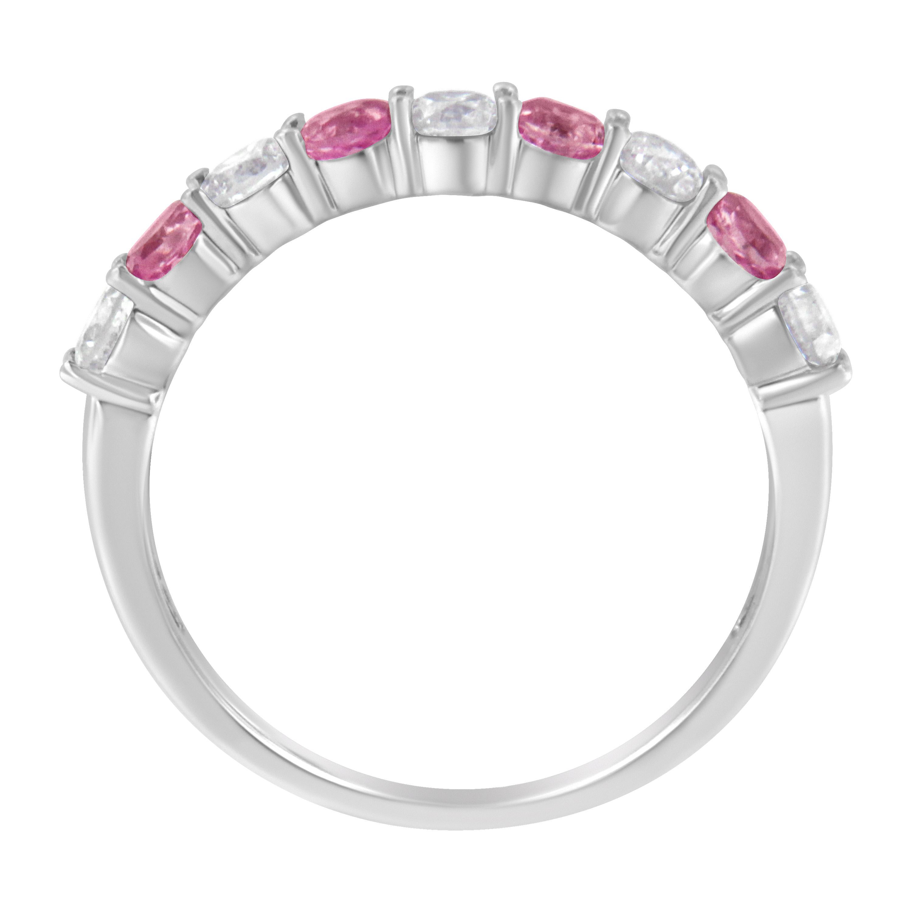 Round Cut 10KT White Gold Diamond and 3MM Created Pink Sapphire Gemstone Band Ring For Sale