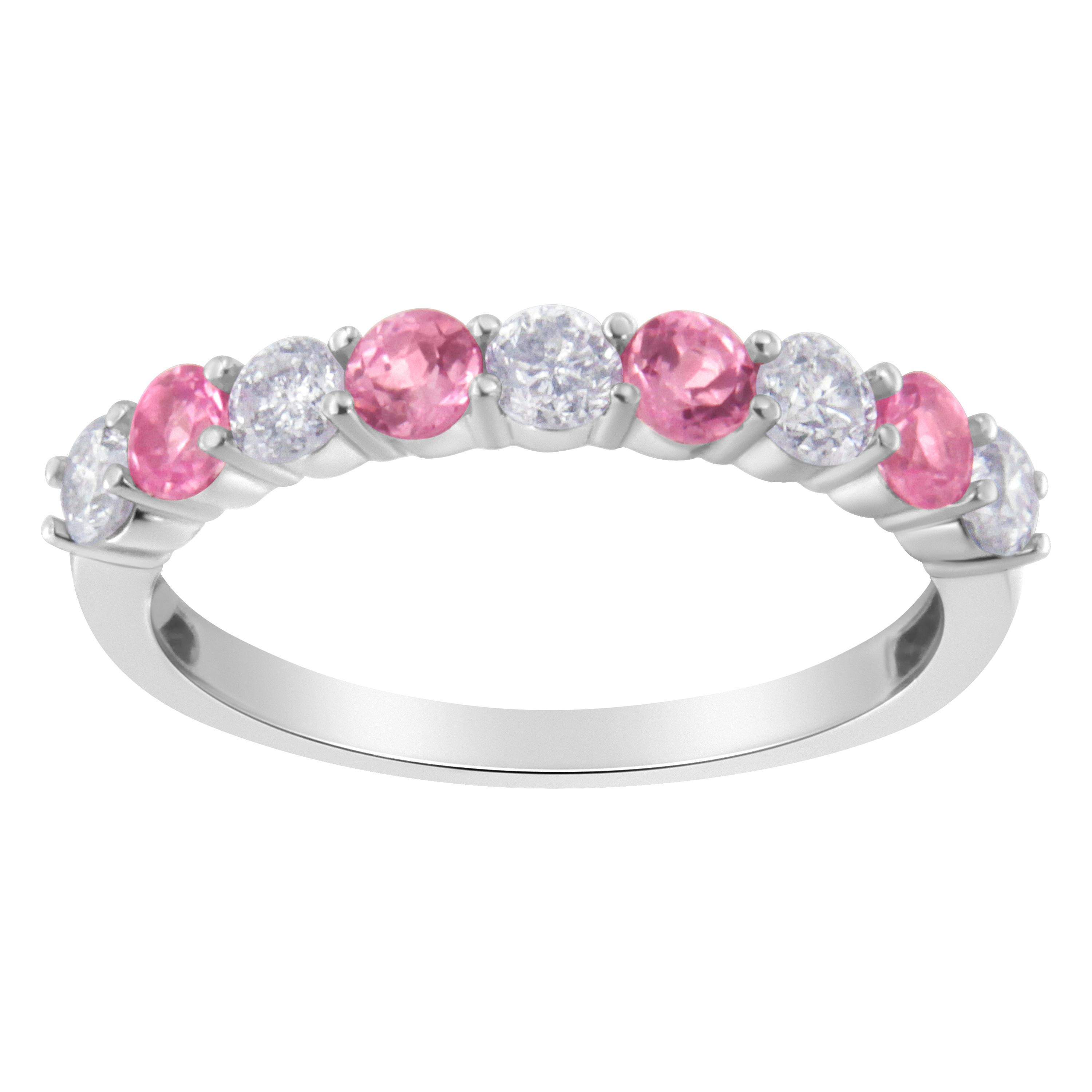10KT White Gold Diamond and 3MM Created Pink Sapphire Gemstone Band Ring For Sale