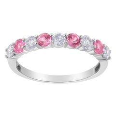 10KT White Gold Diamond and 3MM Created Pink Sapphire Gemstone Band Ring