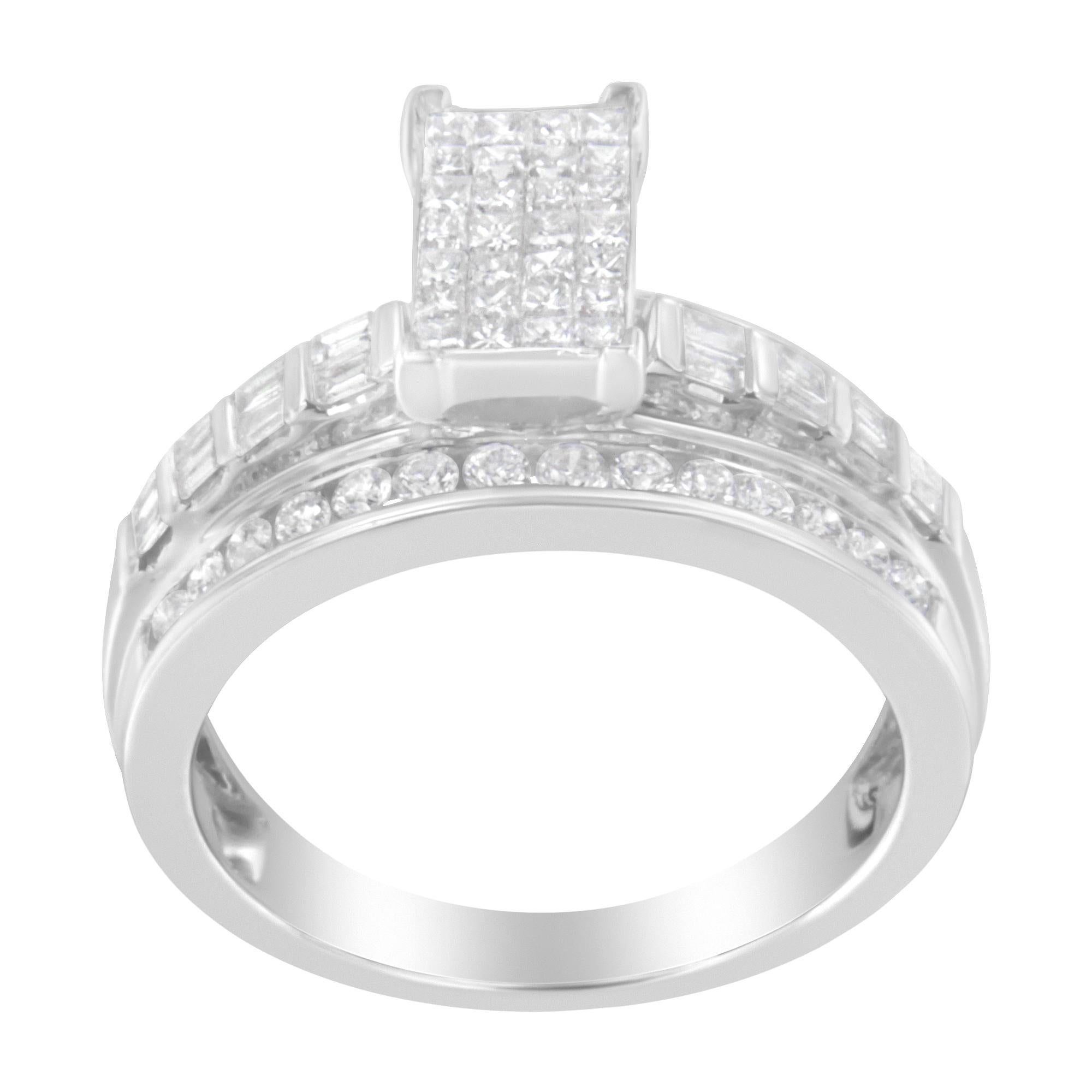 A diamond composite ring that features a central cluster of princess cut diamonds set in a rectangular shape and flanked by a part eternity band with double baguettes. Attached to this elegant ring is a further part eternity band with round