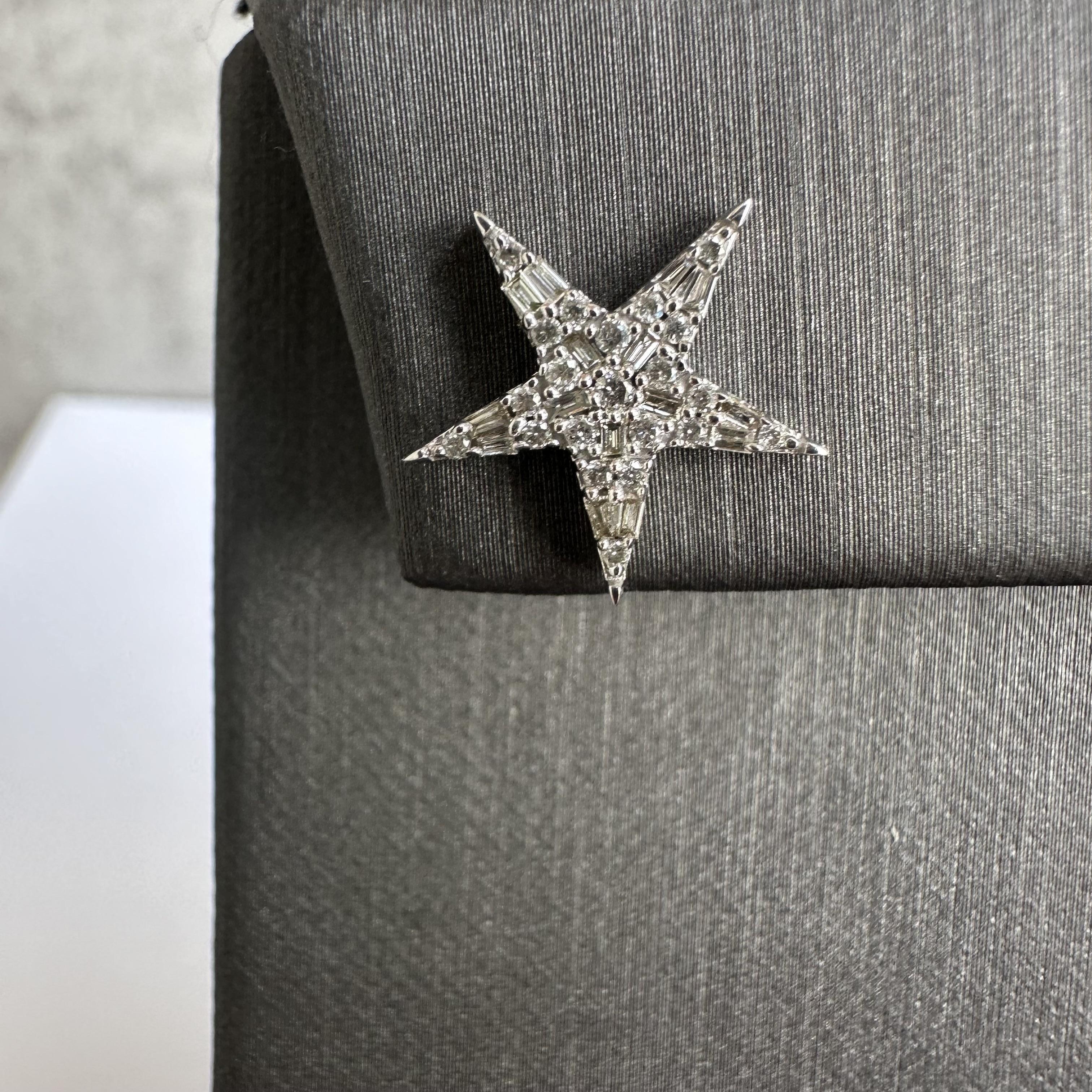 Shine bright with these stunning Diamond Star Studs in 10kt White Gold. Featuring 0.33 carats of natural HI color, SI clarity diamonds in round and baguette cuts, these earrings offer a dazzling star-shaped design. Crafted in 10kt white gold and