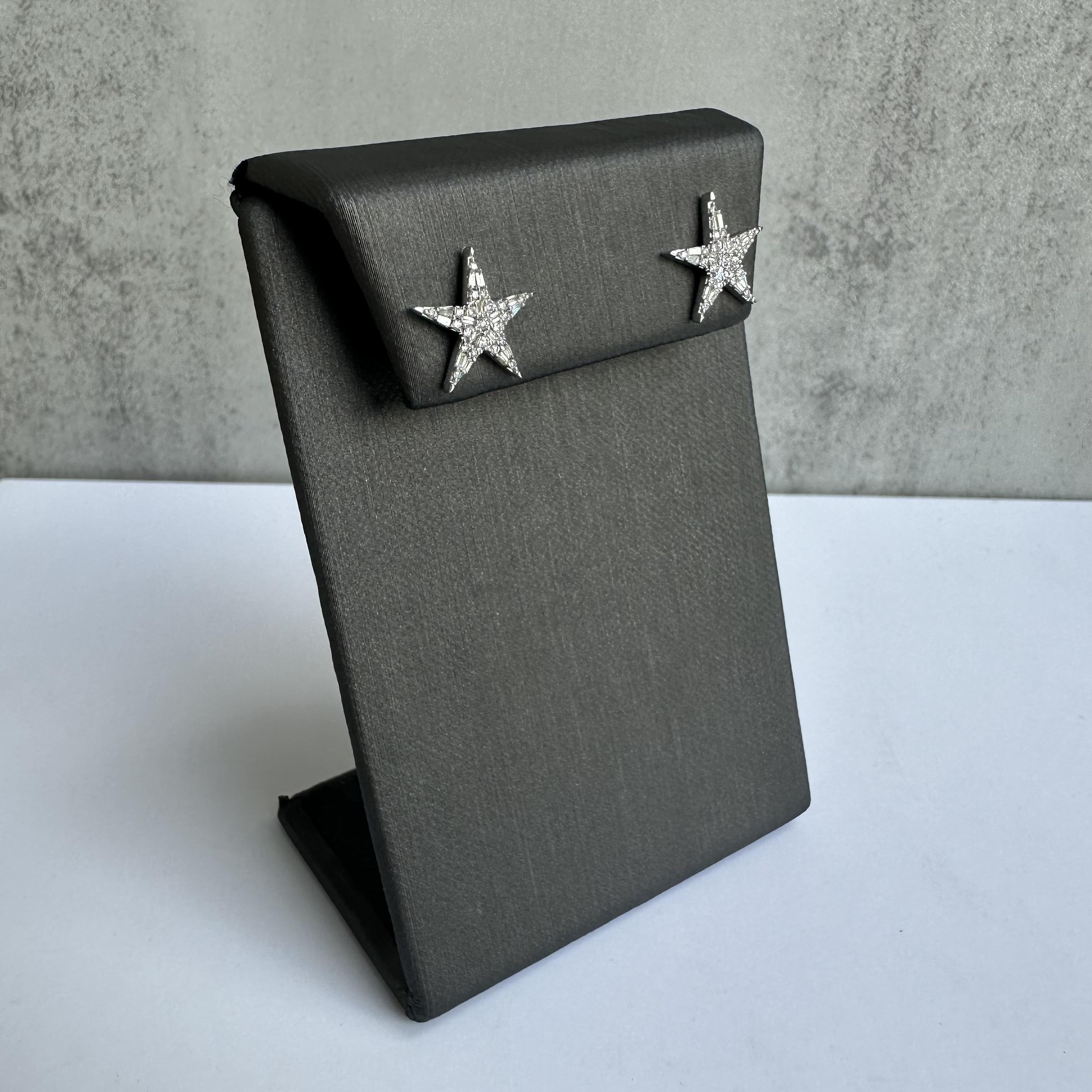 Mixed Cut 10kt White Gold Diamond Star Studs - 0.33ctw HI SI Round & Baguette Diamonds For Sale
