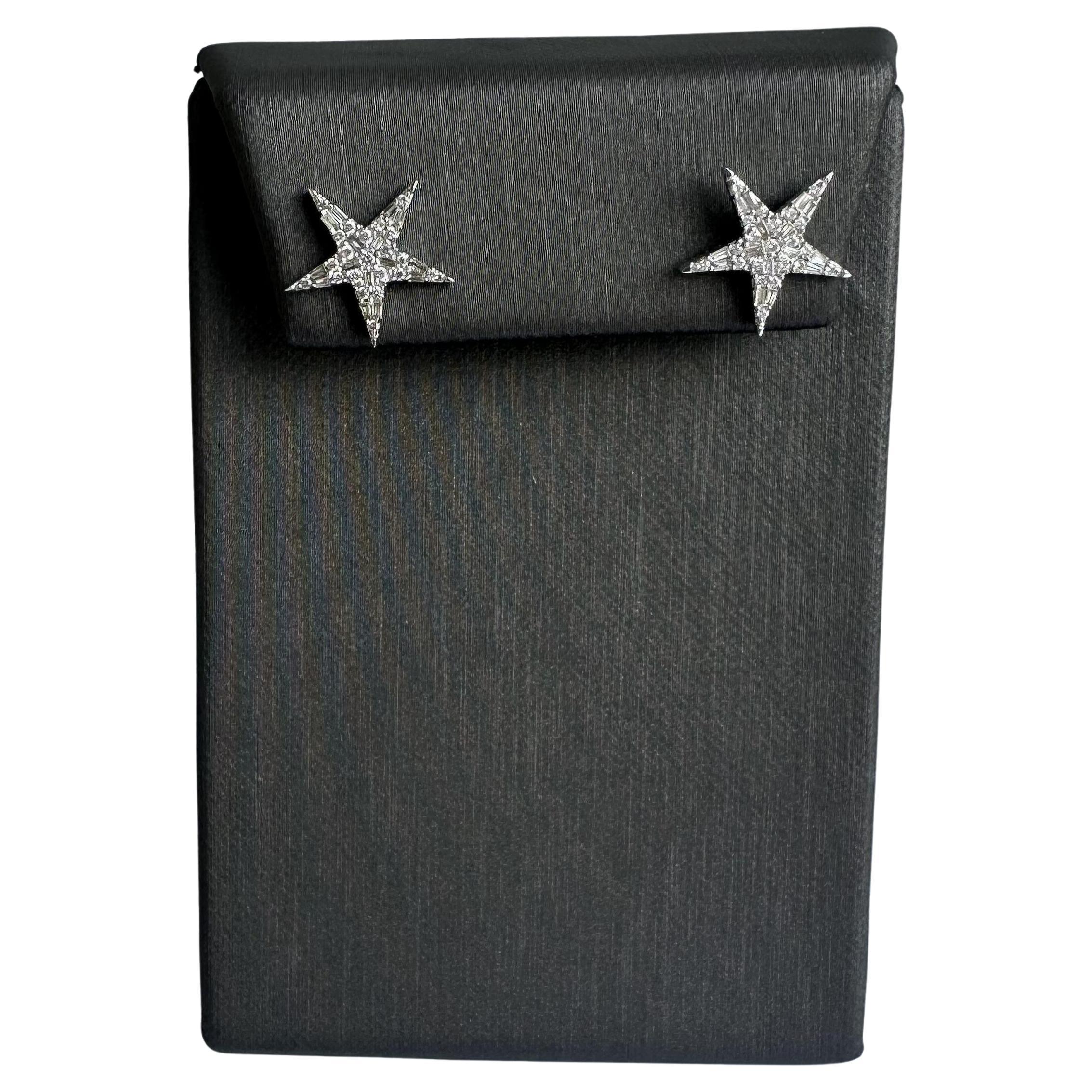 10kt White Gold Diamond Star Studs - 0.33ctw HI SI Round & Baguette Diamonds