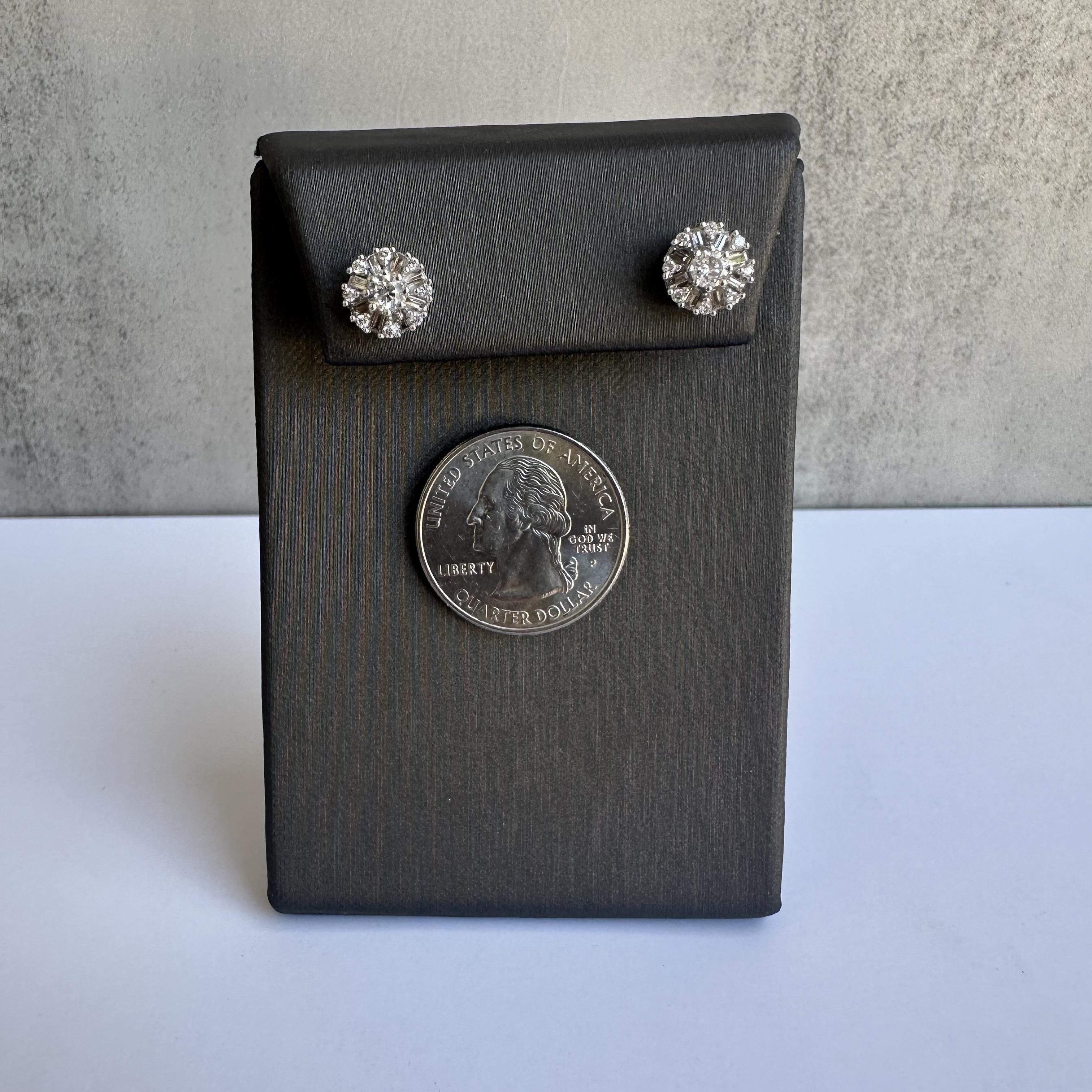 10kt White Gold Round and Baguette Cut Diamond Stud Earrings - 0.75ctw Diamonds In New Condition For Sale In West Hempstead, NY