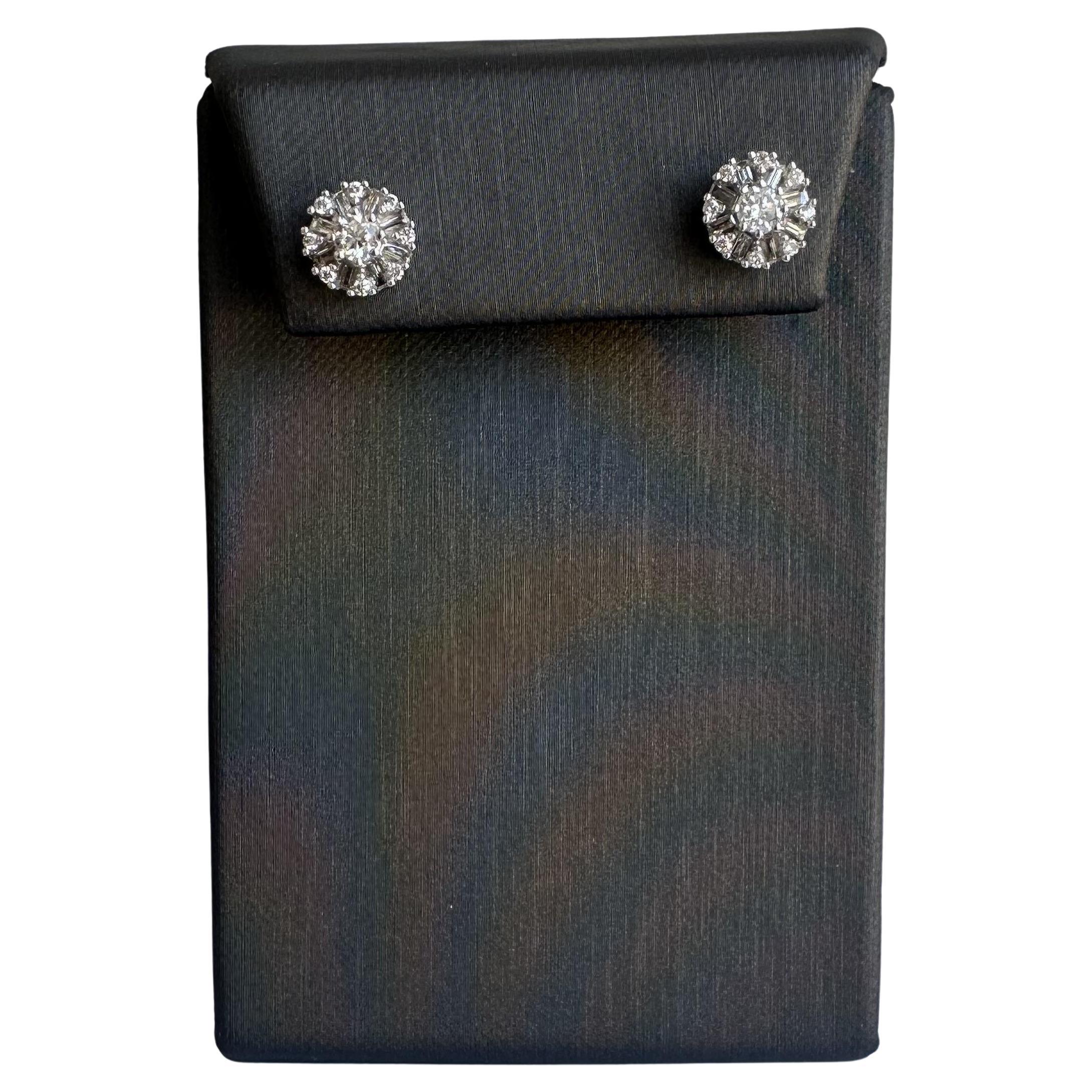 10kt White Gold Round and Baguette Cut Diamond Stud Earrings - 0.75ctw Diamonds For Sale