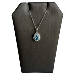 10kt White Gold Swiss Blue Topaz and Diamond Necklace - 7x5mm Topaz, New