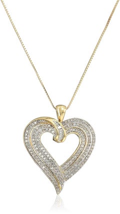 10 Karat Yellow Gold 1/2 Carat Baguette and Round Diamond Heart Pendant Necklace
