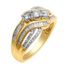 10 Karat Gold 1/2 Carat Baguette and Round Natural White Diamond 3-Stones Ring