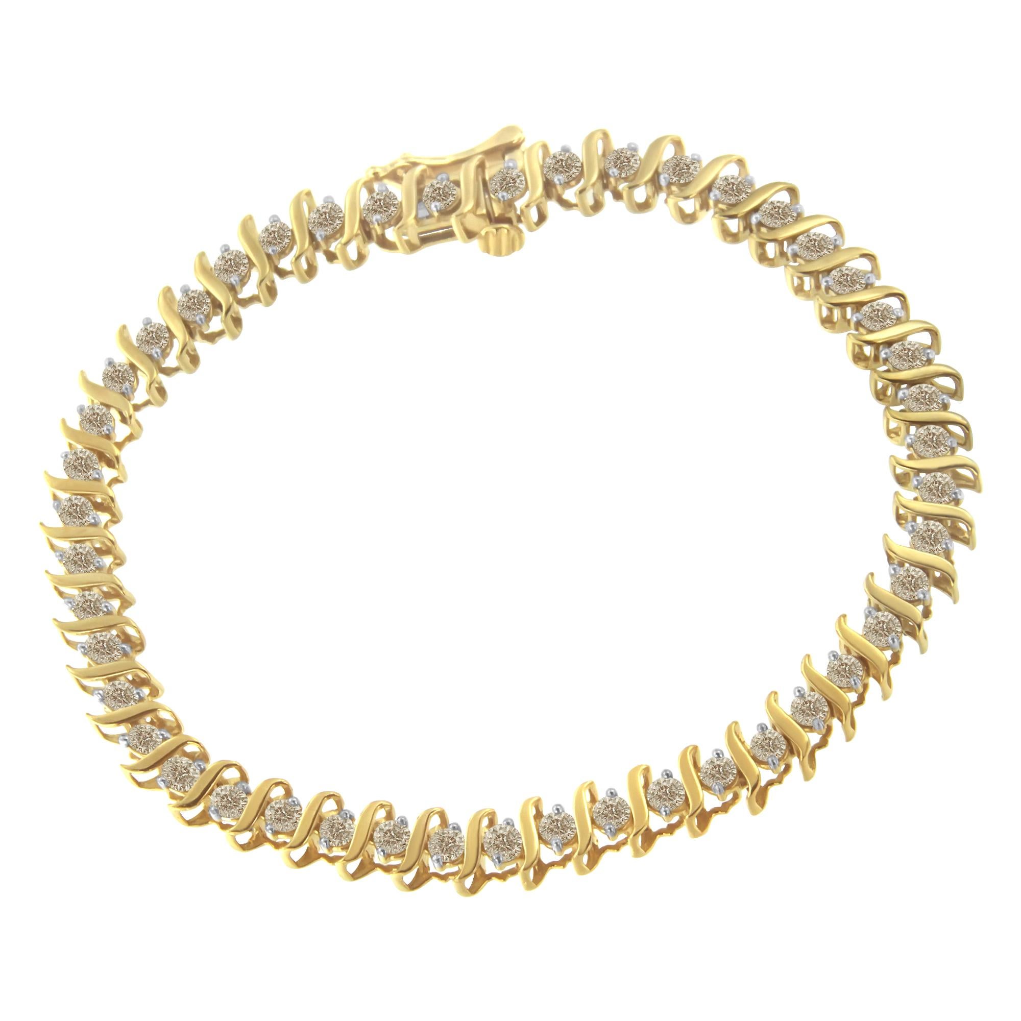 The jewelry piece is a bracelet composed of yellow gold with an S-link design. It is crafted of 10 karat yellow gold. And each of the diamond is embellished with alluring 3ct round-cut diamonds. Each link is curved to form an 