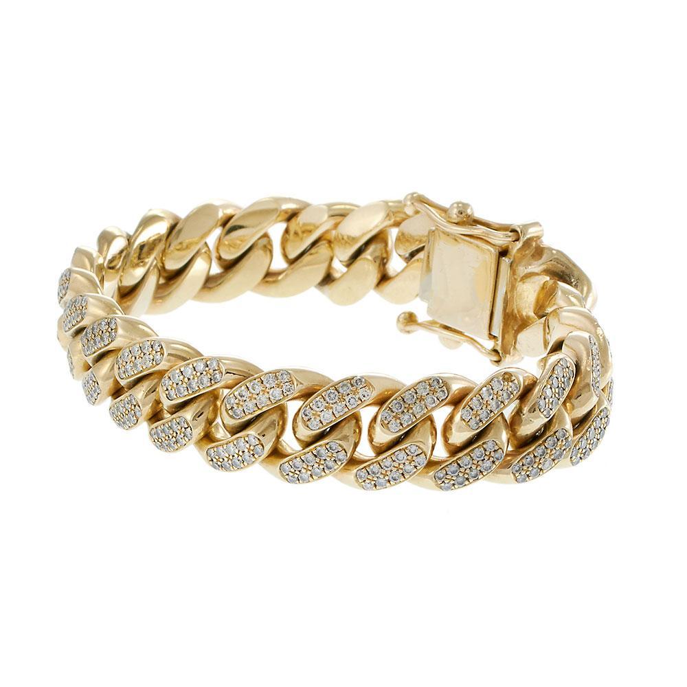 Taille brillant Bracelet à maillons cubains en or jaune 10KT avec diamants pavés en vente