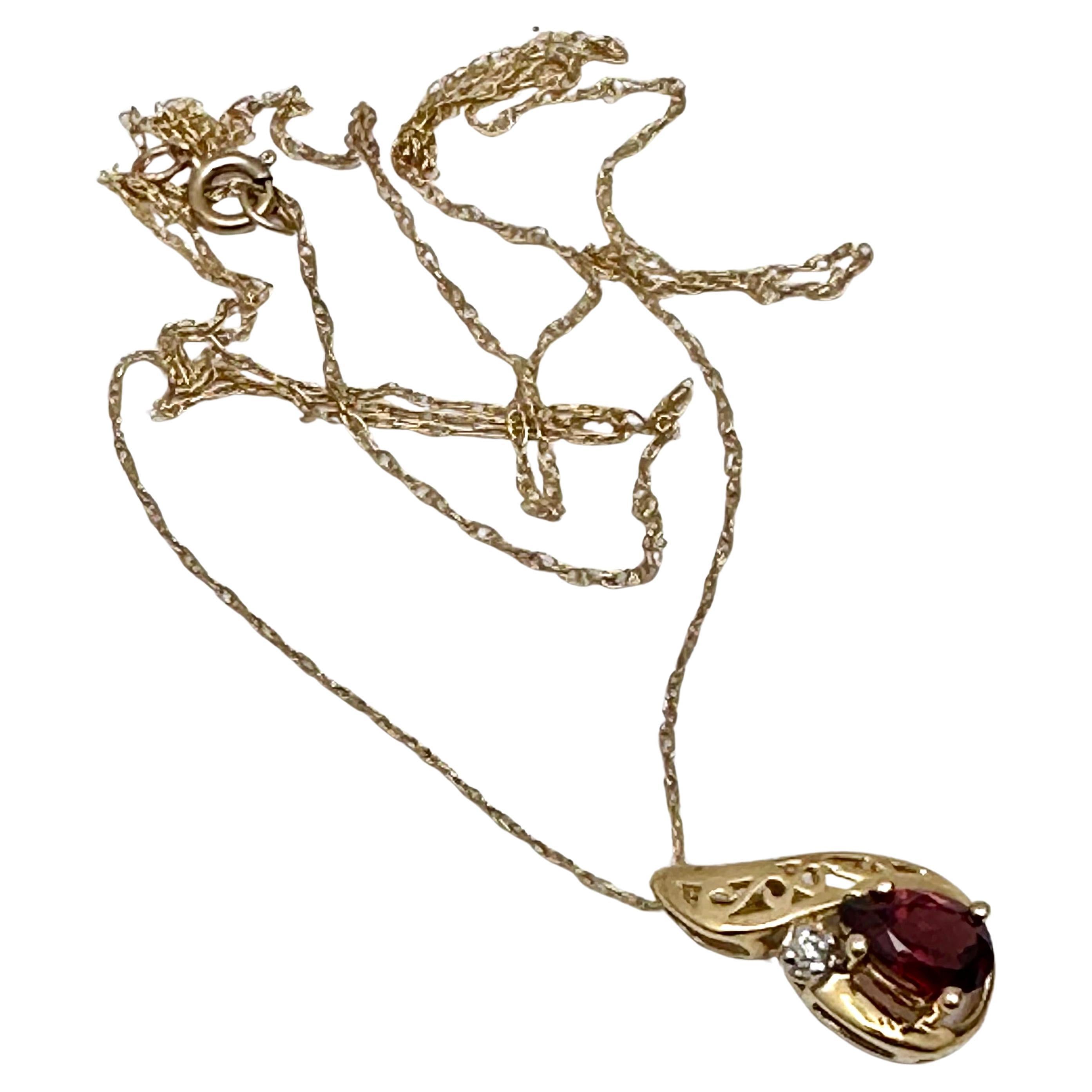 10kt Yellow Gold Garnet Diamond Pendant with 18" 10kt Gold Chain For Sale
