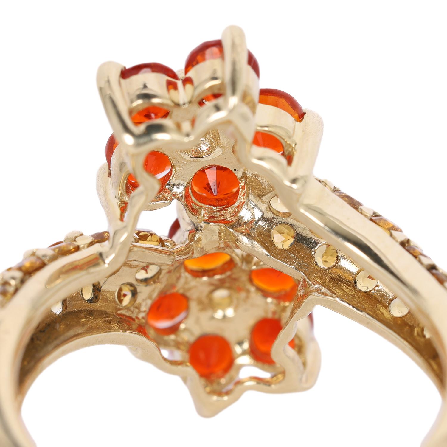 10Kt Yellow Gold Mexican Fire Opal and Citrine Double Flower Ring Size 6 For Sale 1