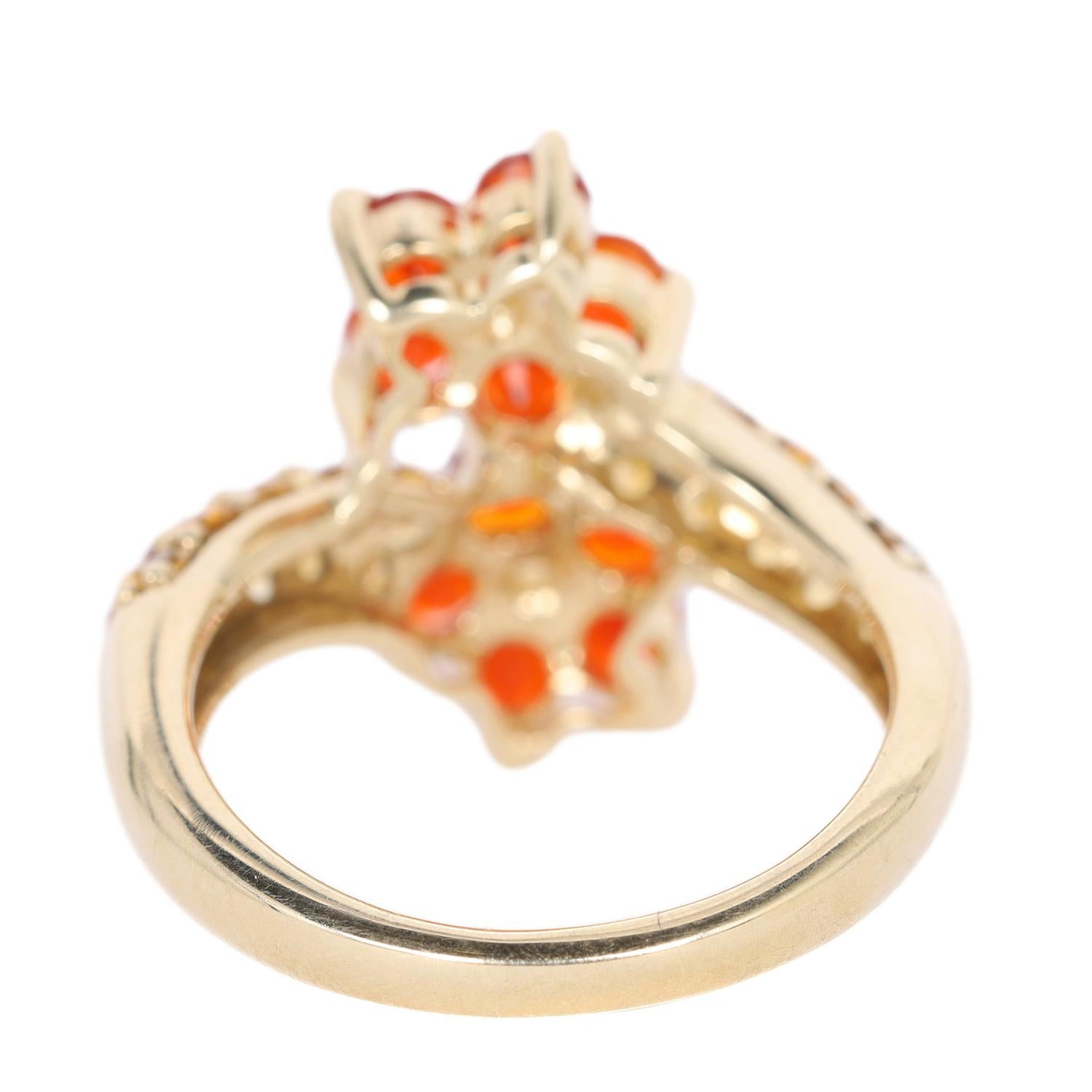 10Kt Yellow Gold Mexican Fire Opal and Citrine Double Flower Ring Size 6 For Sale 2