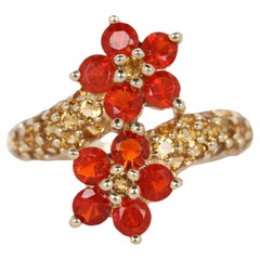 10Kt Yellow Gold Mexican Fire Opal and Citrine Double Flower Ring Size 6