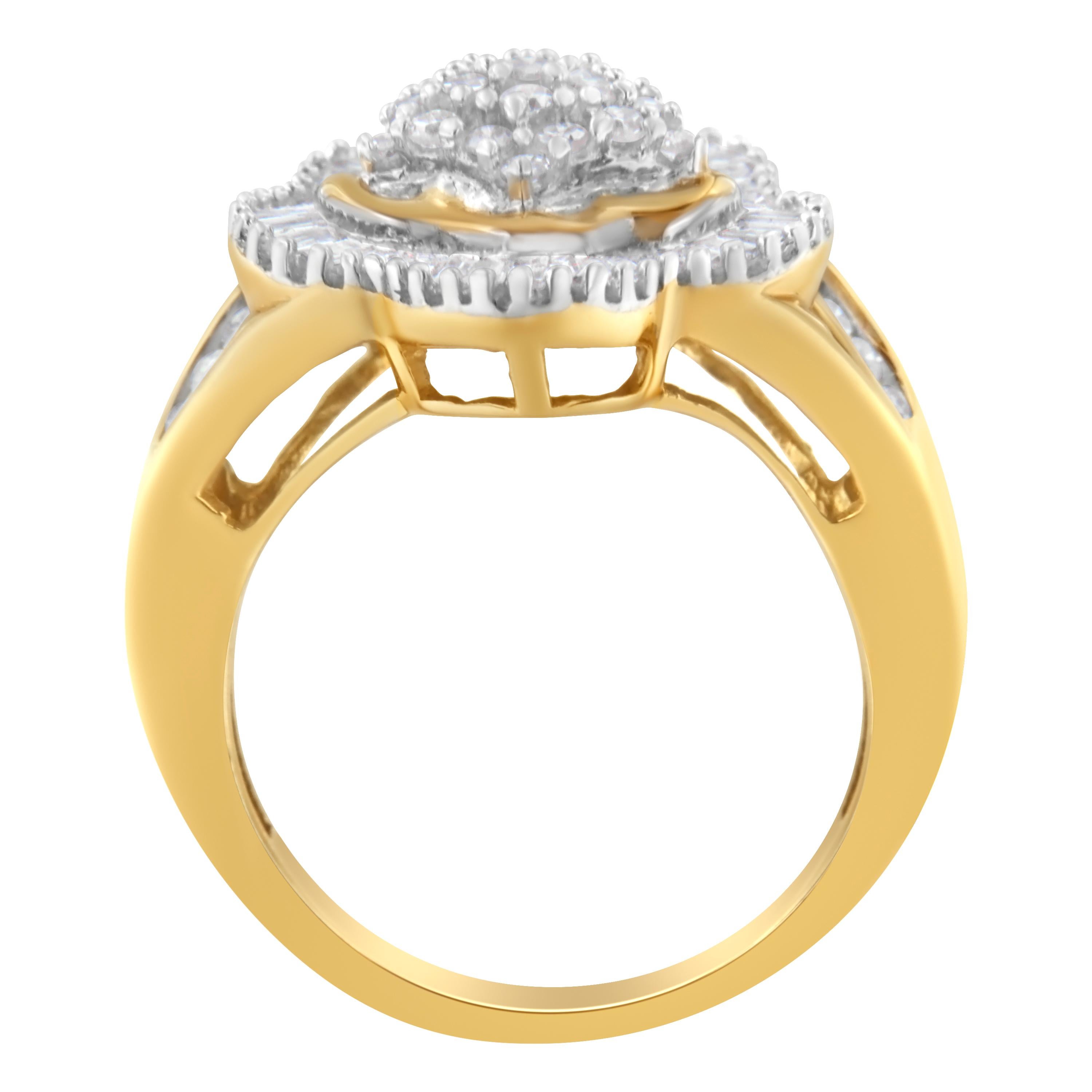 Un'accattivante composizione di diamanti rotondi e baguette da 1 centesimo crea uno splendido disegno floreale in rilievo. Nastri di oro giallo 10k si dividono nella parte superiore dell'anello per abbracciare delicatamente il fiore di