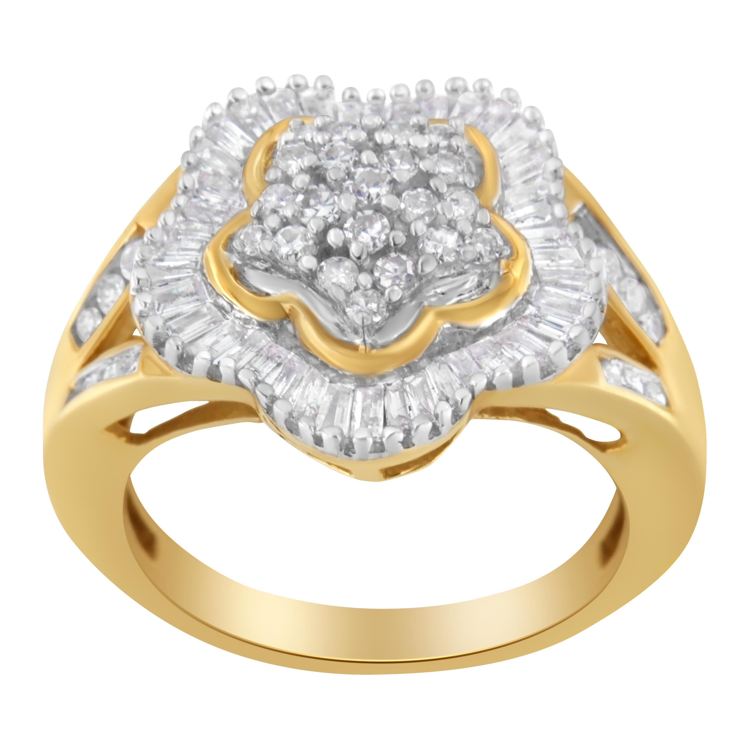 Moderno Anello Ballerina in oro giallo 10KT con diamante rotondo e taglio baguette da 1 cttw in vendita