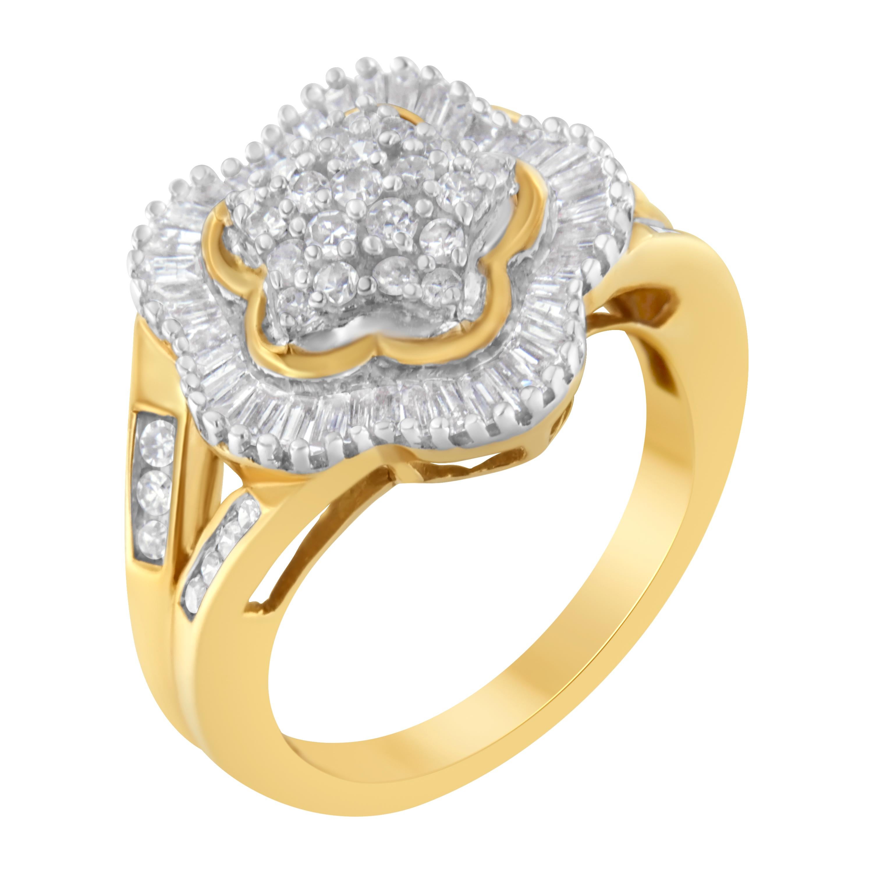 Taglio rotondo Anello Ballerina in oro giallo 10KT con diamante rotondo e taglio baguette da 1 cttw in vendita
