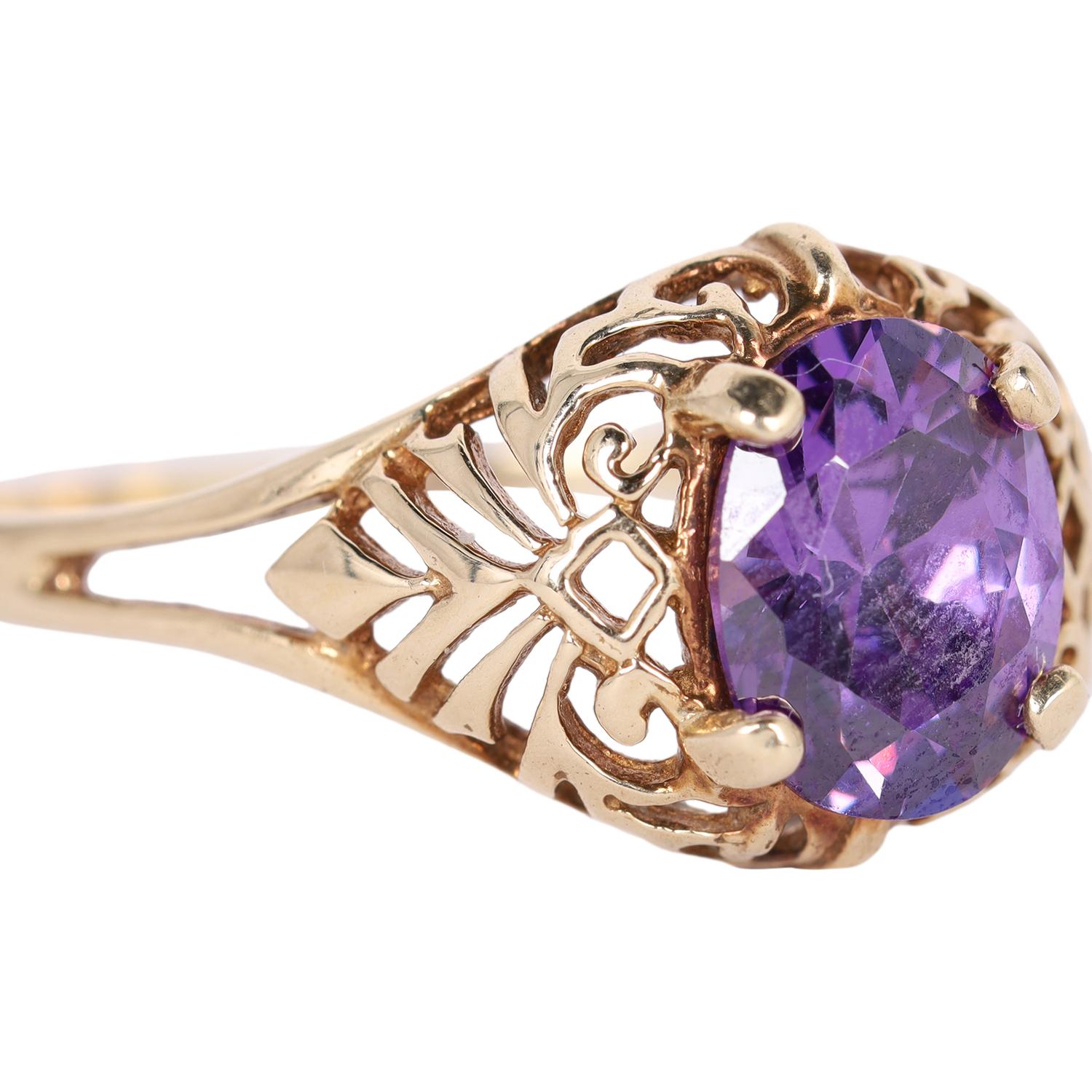 Women's 10Kt Yellow Gold Royal Purple Amethyst Solitaire Ring Filigree Size 8.5 For Sale