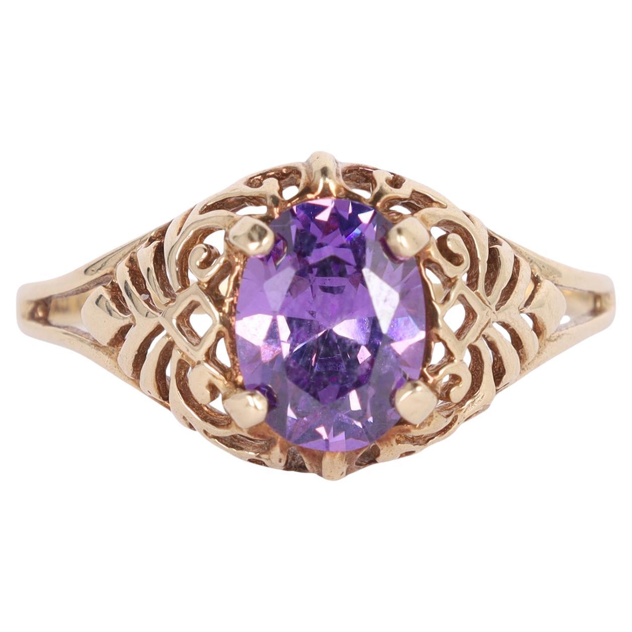 10Kt Yellow Gold Royal Purple Amethyst Solitaire Ring Filigree Size 8.5 For Sale