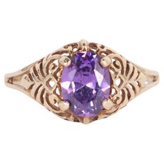 10Kt Yellow Gold Royal Purple Amethyst Solitaire Ring Filigree Size 8.5