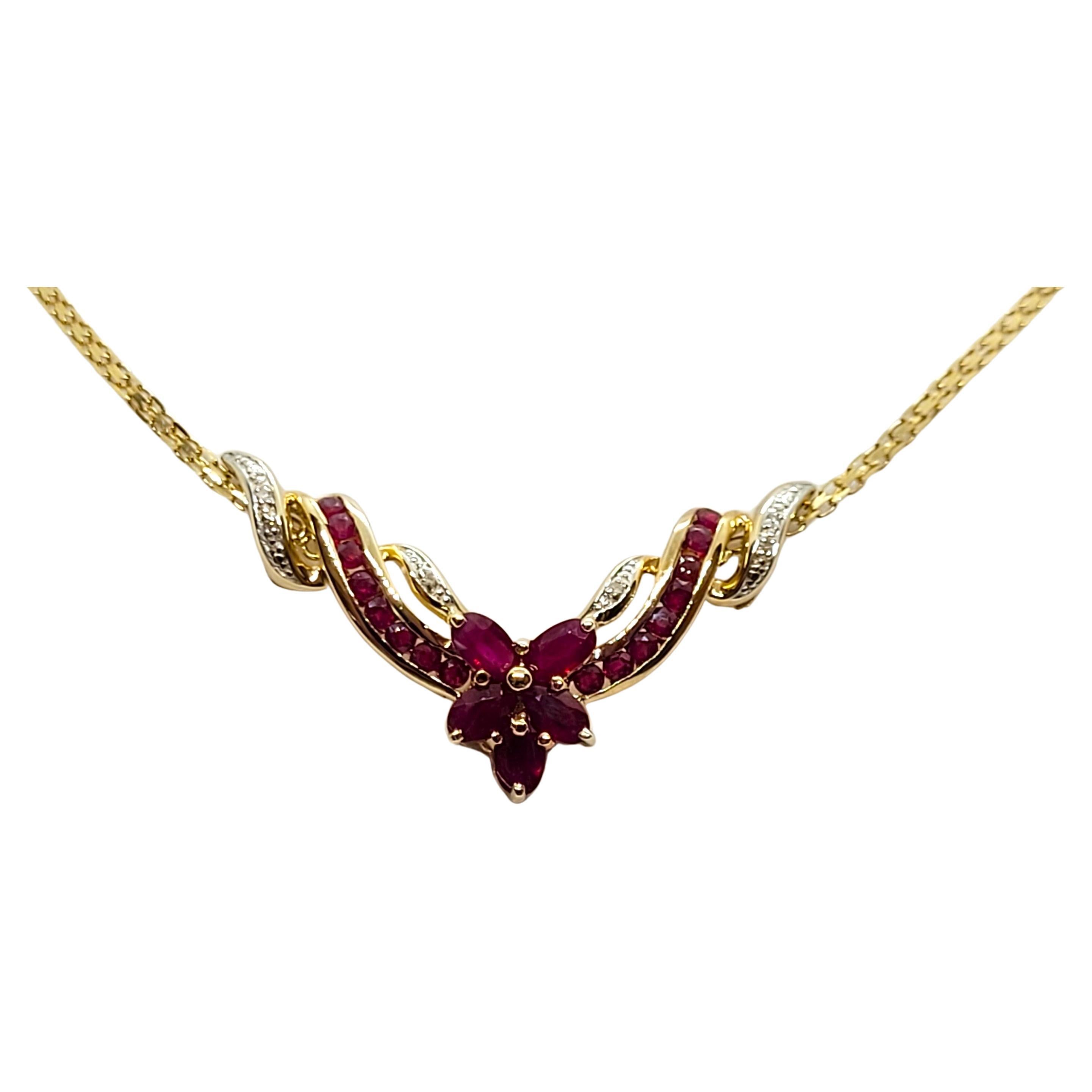 10kt Yellow Gold Ruby Diamond Necklace 17.5 In, 1.75cttw Rubies, .05cttw Diamond For Sale