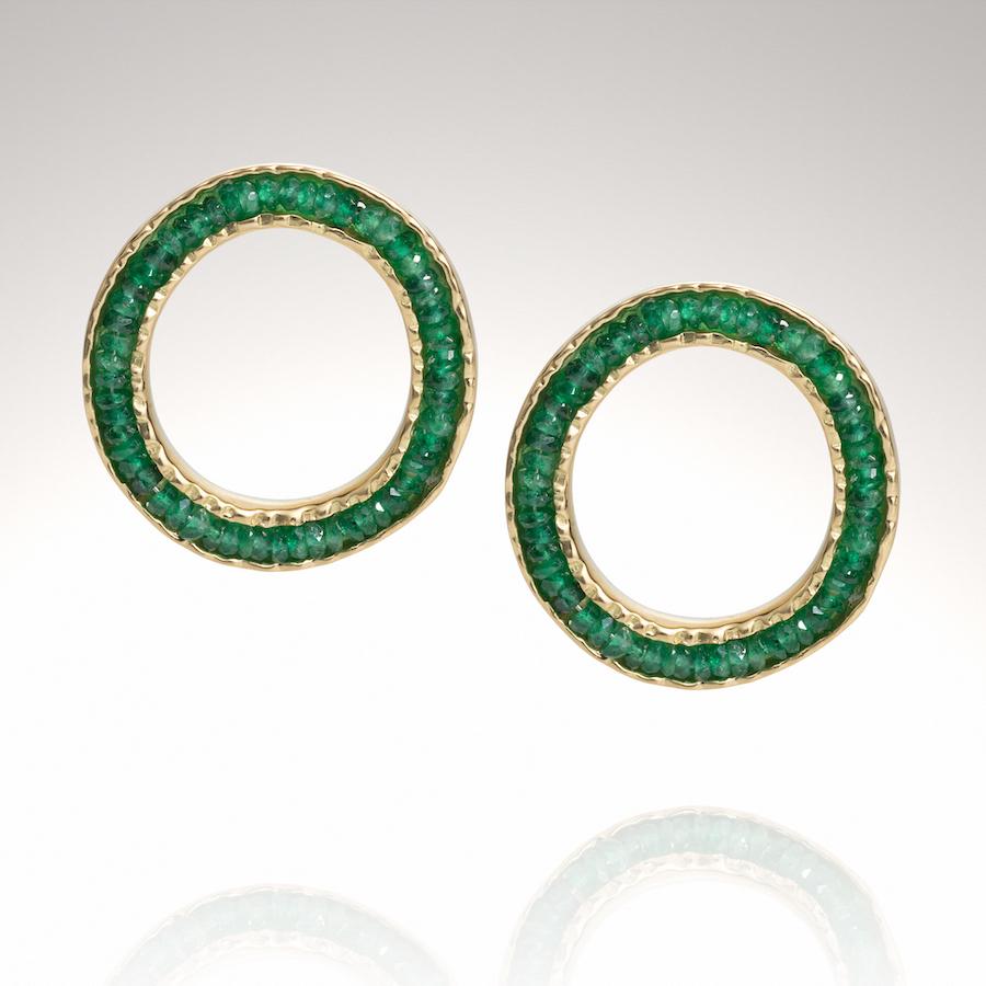 10KY Coin Earrings with Emeralds are part of my Coin Collection.  This collection has been inspired by the texturded worn edges of old coins form long ago.
Coin Earrings are limited production pieces, each pair is made to order. Coin Earrings come