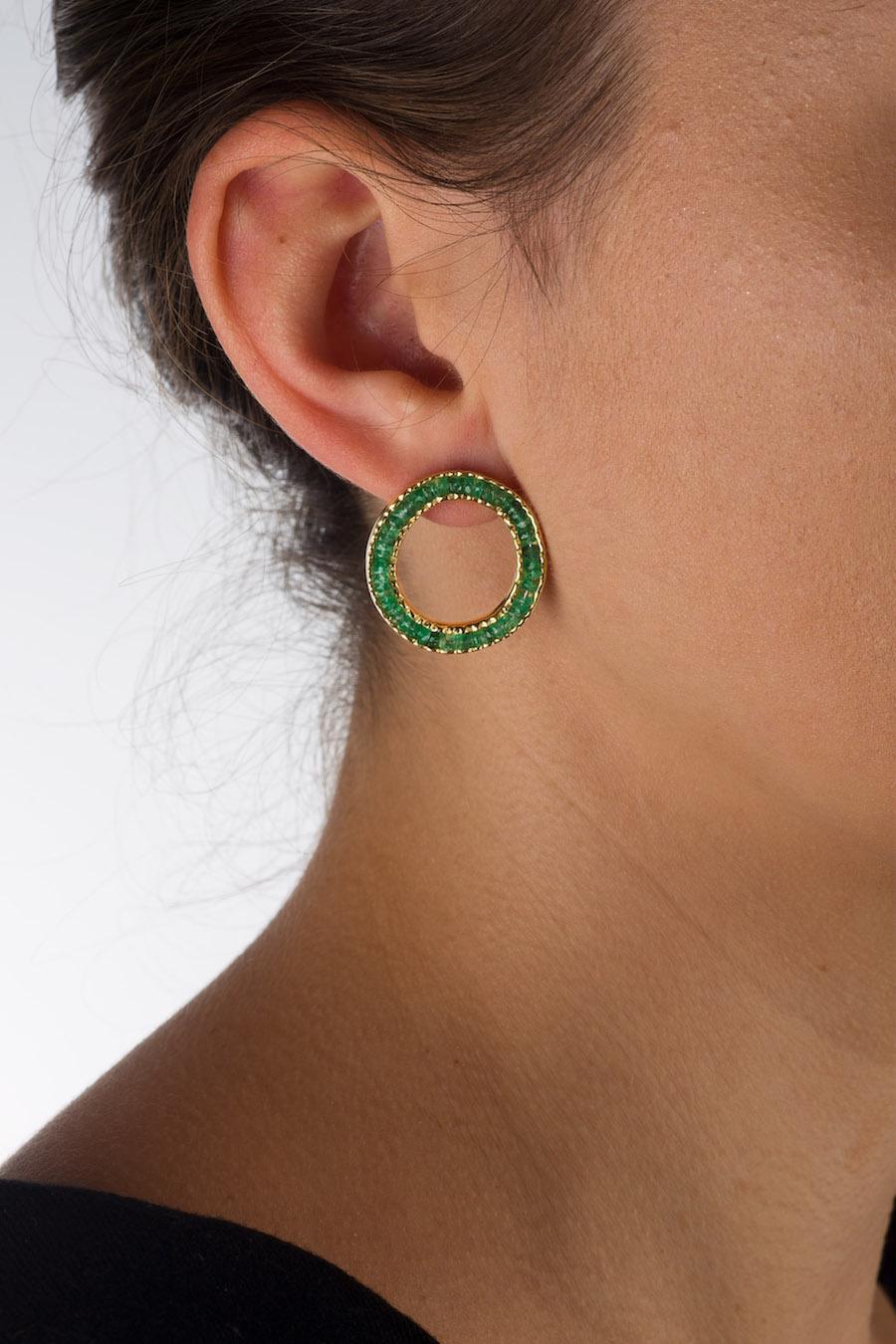 Artisan 10KY Coin Earrings with Emeralds For Sale