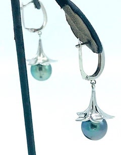 10M Tahitian Pearl Dangle Earrings White Gold Lever Back 14 Karat White Gold