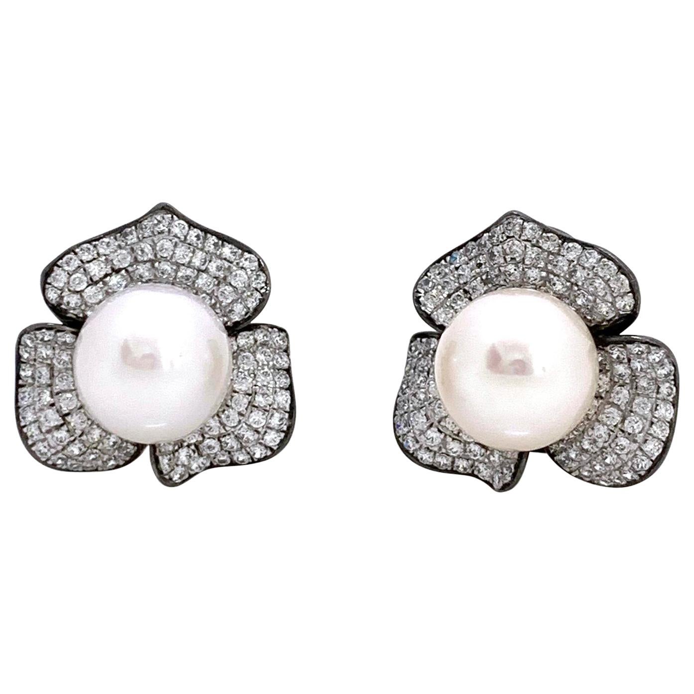 10mm Akoya Pearl and Pave Flower Black Rhodium Sterling Silver Earrings