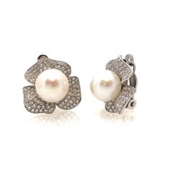 10mm Akoya Pearl and Pave Flower Clip-on Sterling Silver Earrings