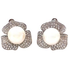 10mm Akoya Pearl and Pave Flower Clip-on Sterling Silver Earrings