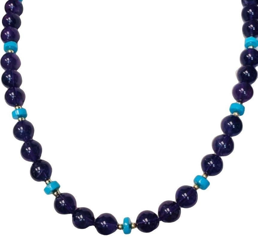 This stunning amethyst and turquoise beaded necklace features rich, royal purple amethyst and gorgeous turquoise from the famed Sleeping Beauty Mine! The amethyst beads measure 10mm in diameter and are paired with bright blue turquoise rondelles and