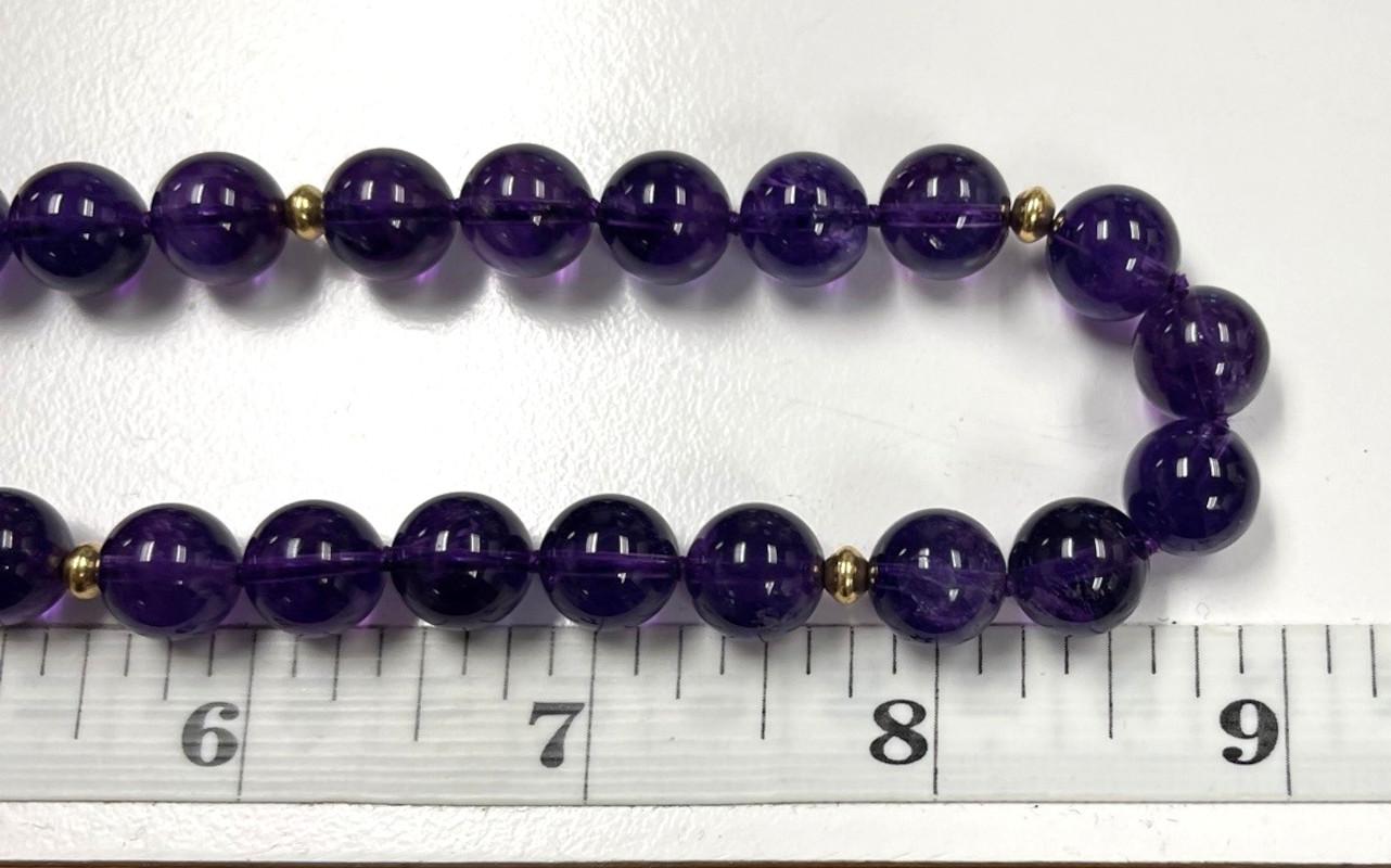 10mm Amethyst Bead Necklace with Yellow Gold Accents, 18 Inches  In New Condition For Sale In Los Angeles, CA