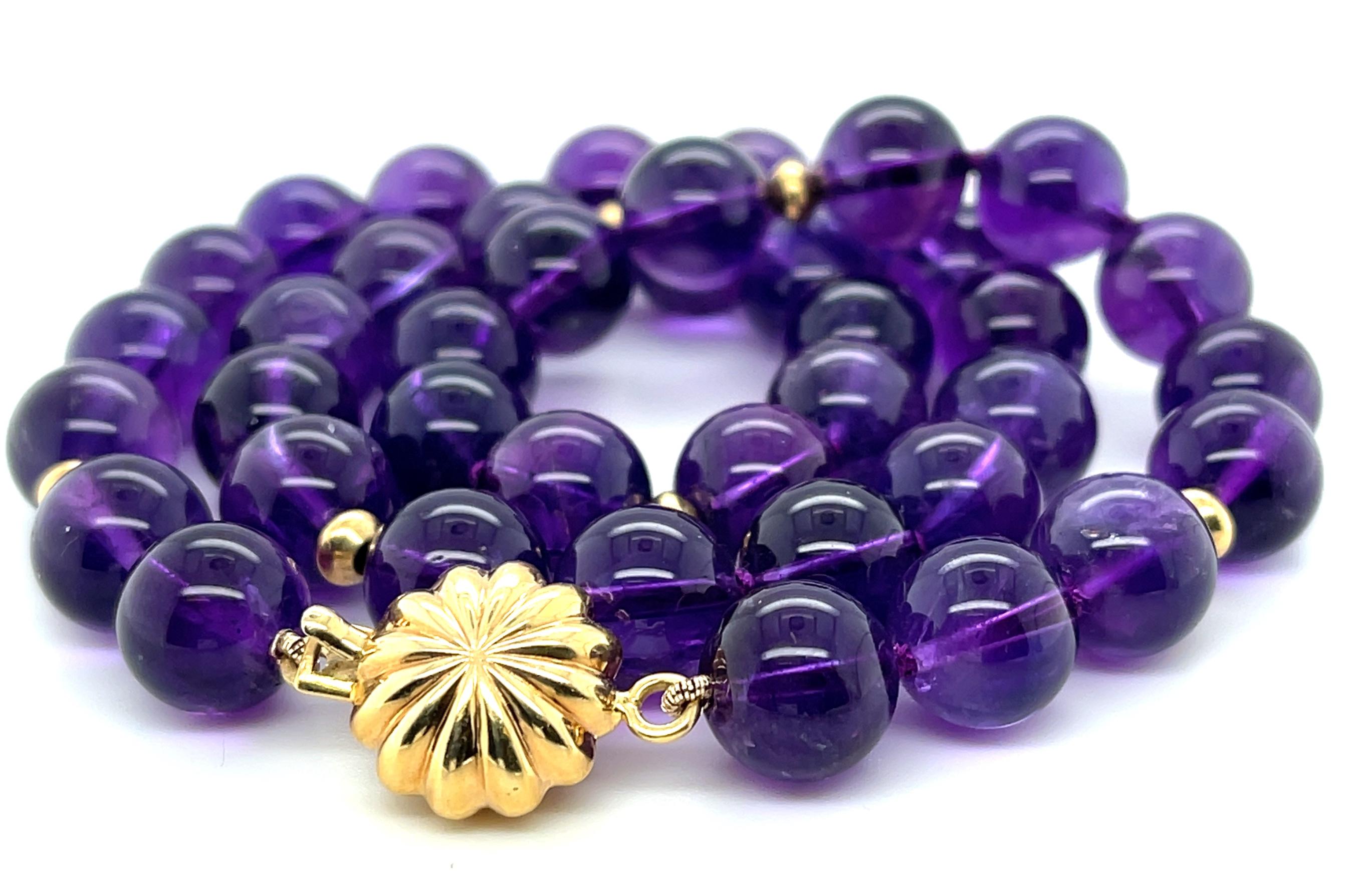 10mm Amethyst Bead Necklace with Yellow Gold Accents, 18 Inches  For Sale 2