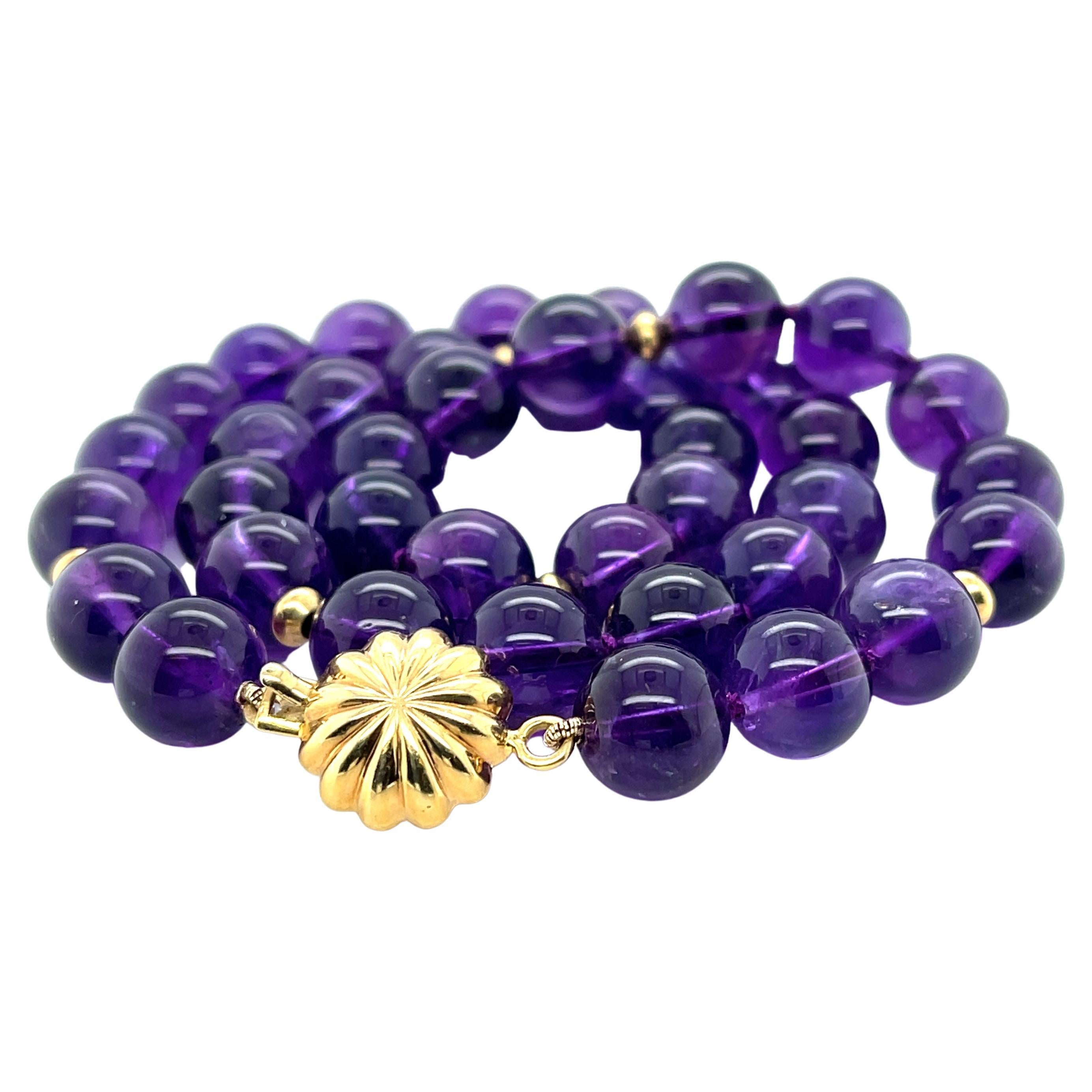 10mm Amethyst Bead Necklace with Yellow Gold Accents, 18 Inches  For Sale