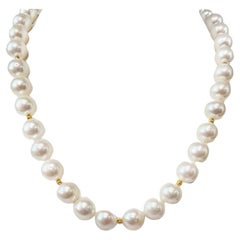 10mm and 7mm White Pearl Beaded Necklace with 18k Yellow Gold Accents