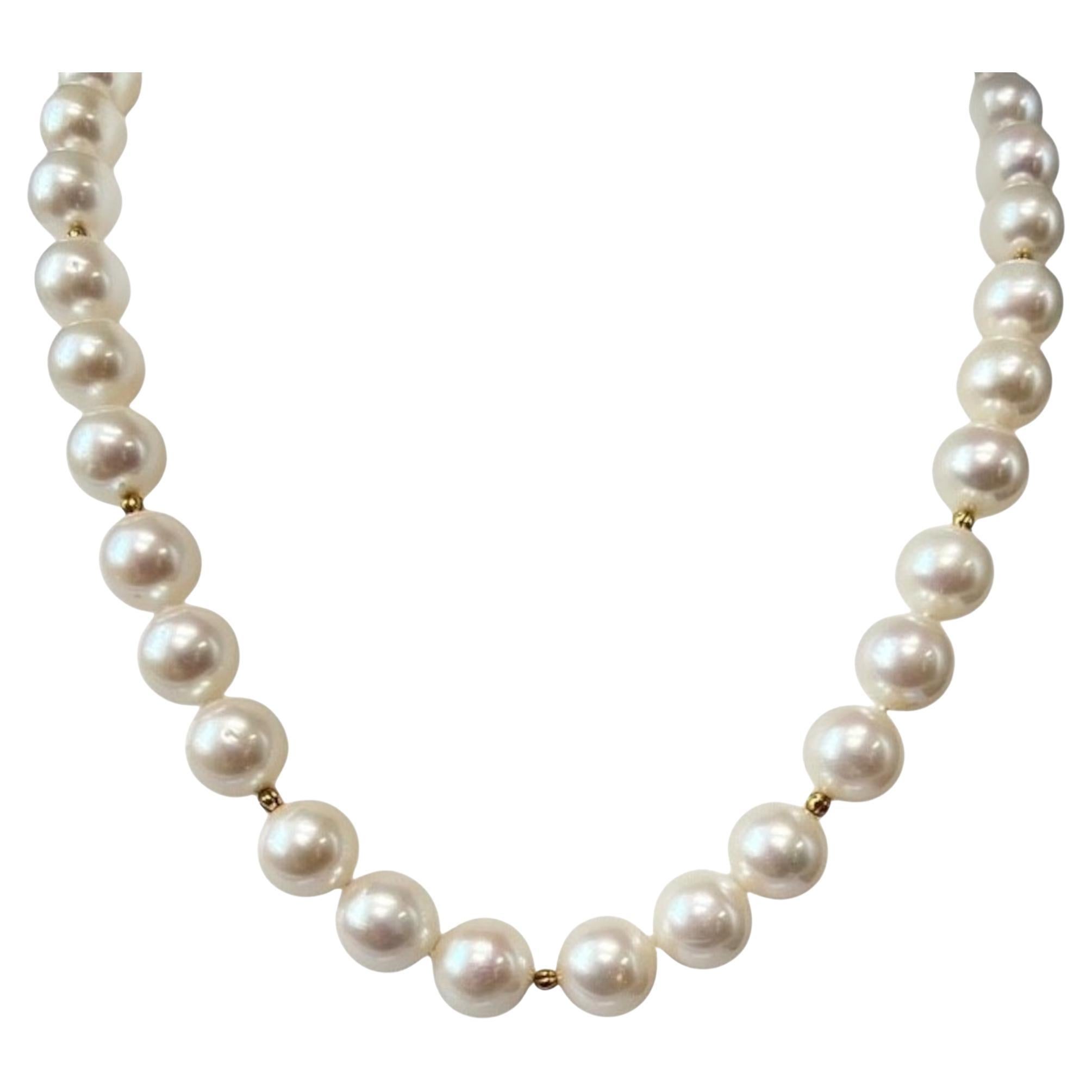 10mm and 7mm White Pearl Beaded Necklace with 18k Yellow Gold Accents For Sale