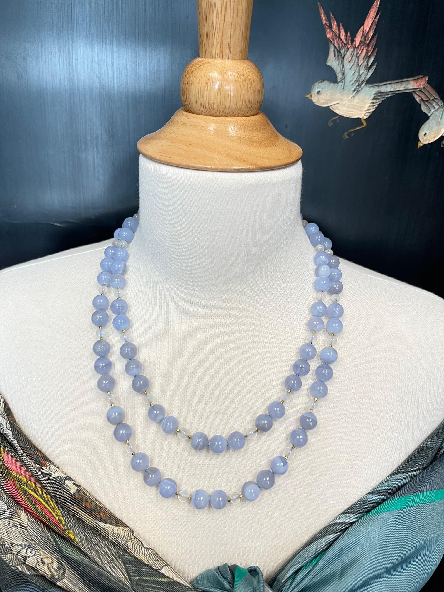 10mm Chalcedony and Moonstone Bead Necklace with Yellow Gold Accents For Sale 5