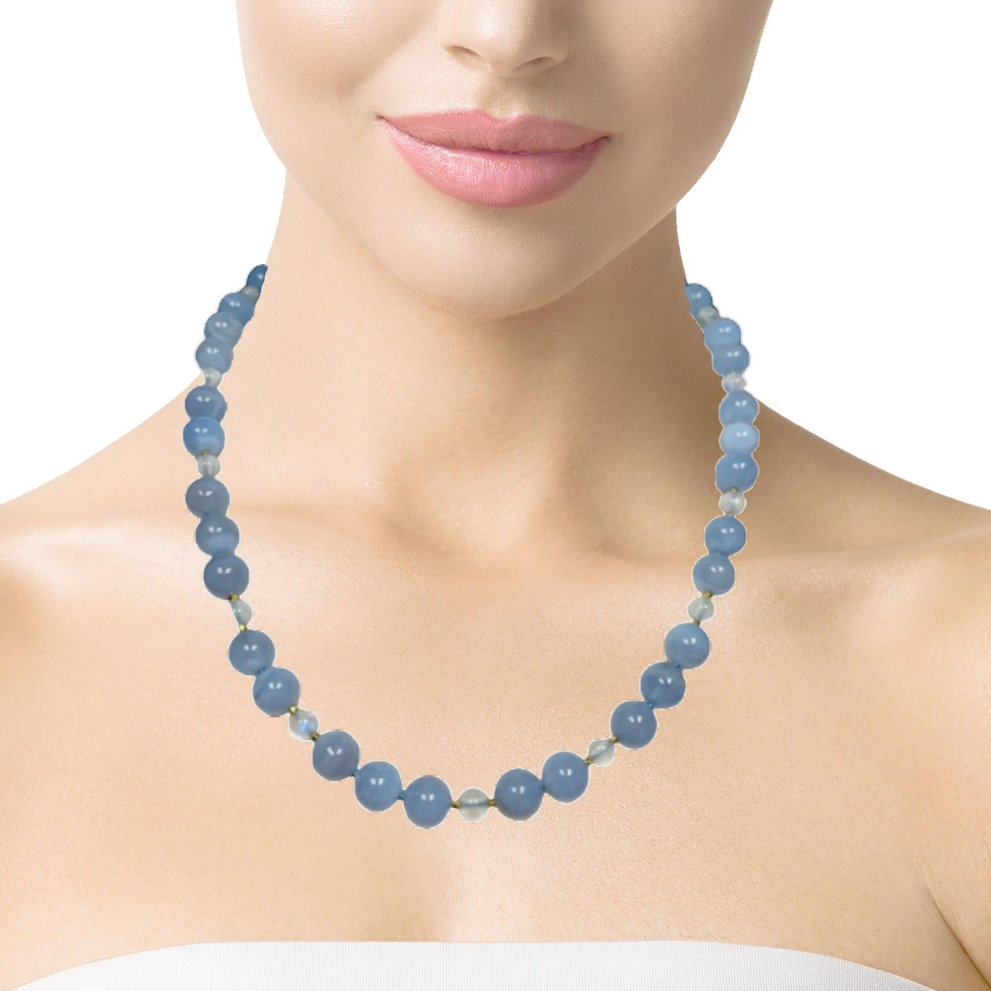 10mm Chalcedony and Moonstone Bead Necklace with Yellow Gold Accents For Sale 6