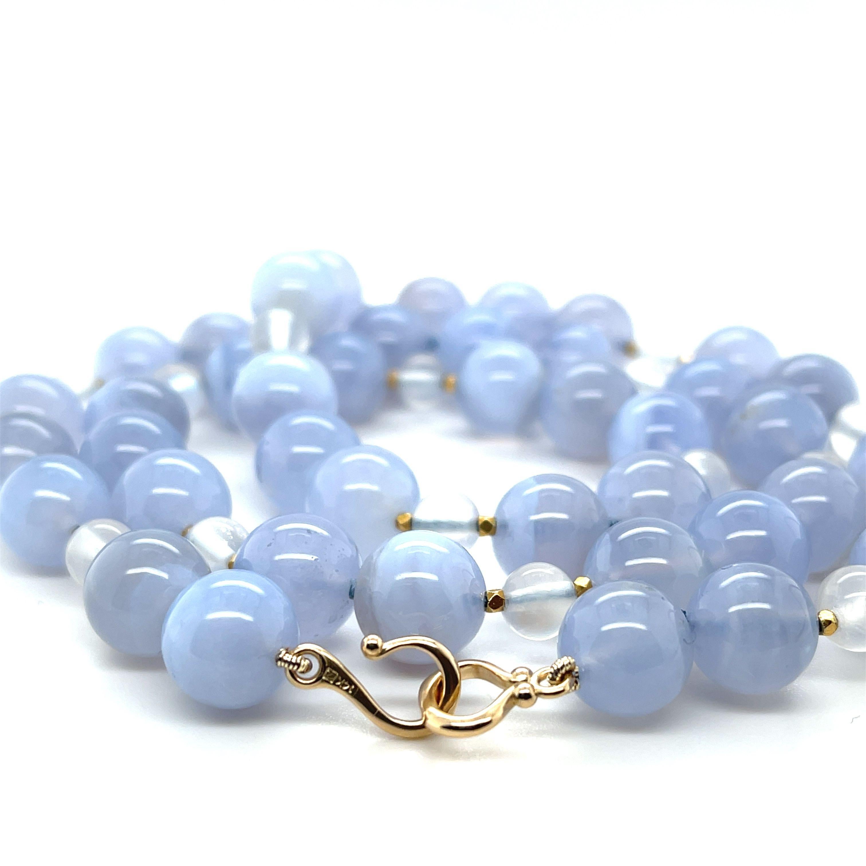 Artisan 10mm Chalcedony and Moonstone Bead Necklace with Yellow Gold Accents For Sale