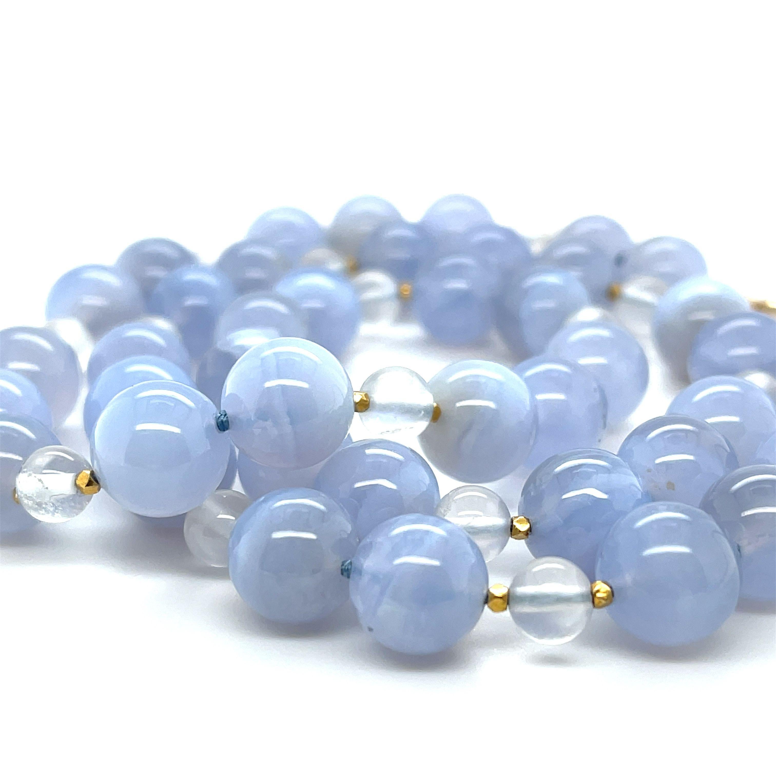 10mm Chalcedony and Moonstone Bead Necklace with Yellow Gold Accents In New Condition For Sale In Los Angeles, CA