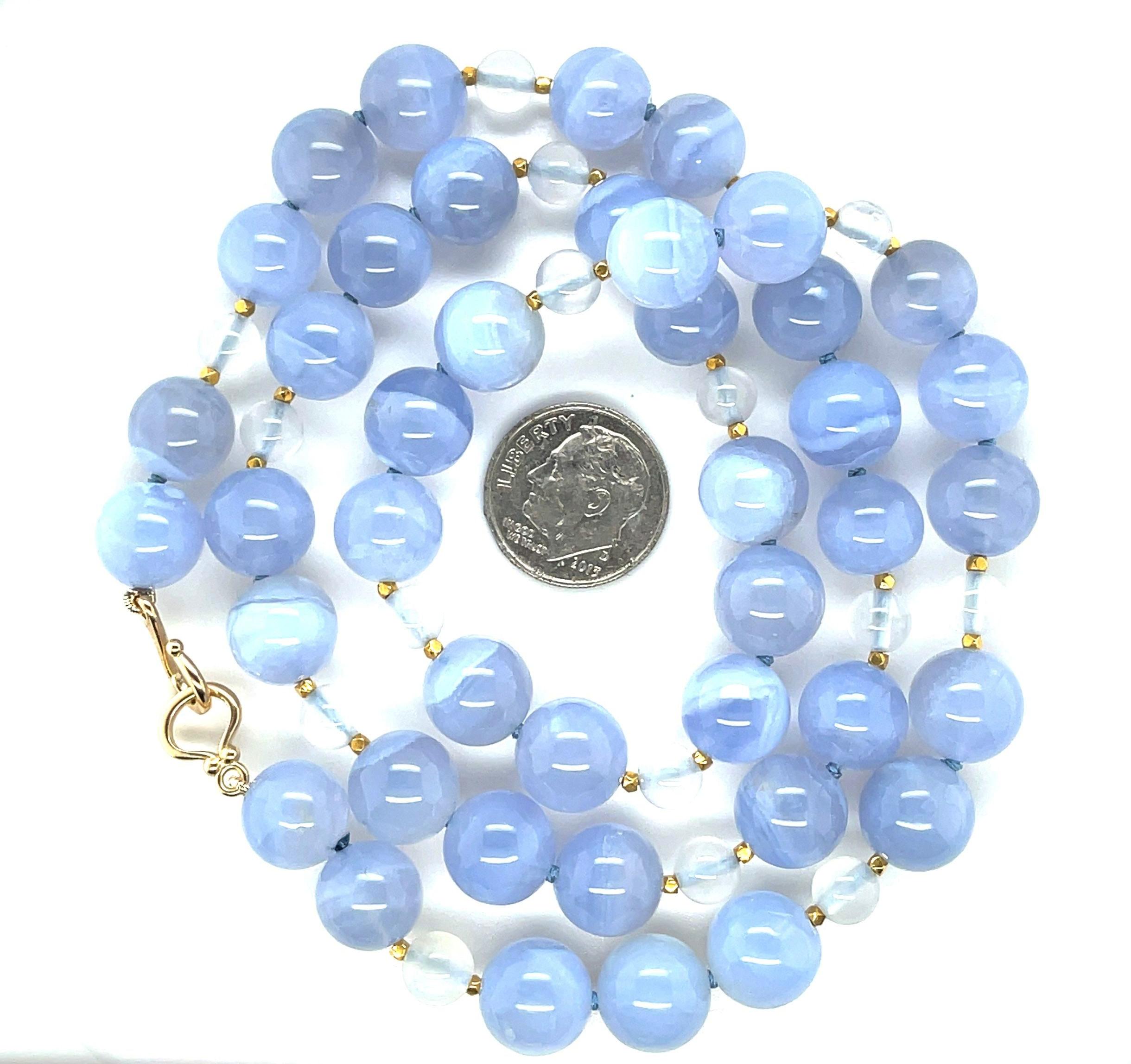 Women's or Men's 10mm Chalcedony and Moonstone Bead Necklace with Yellow Gold Accents For Sale