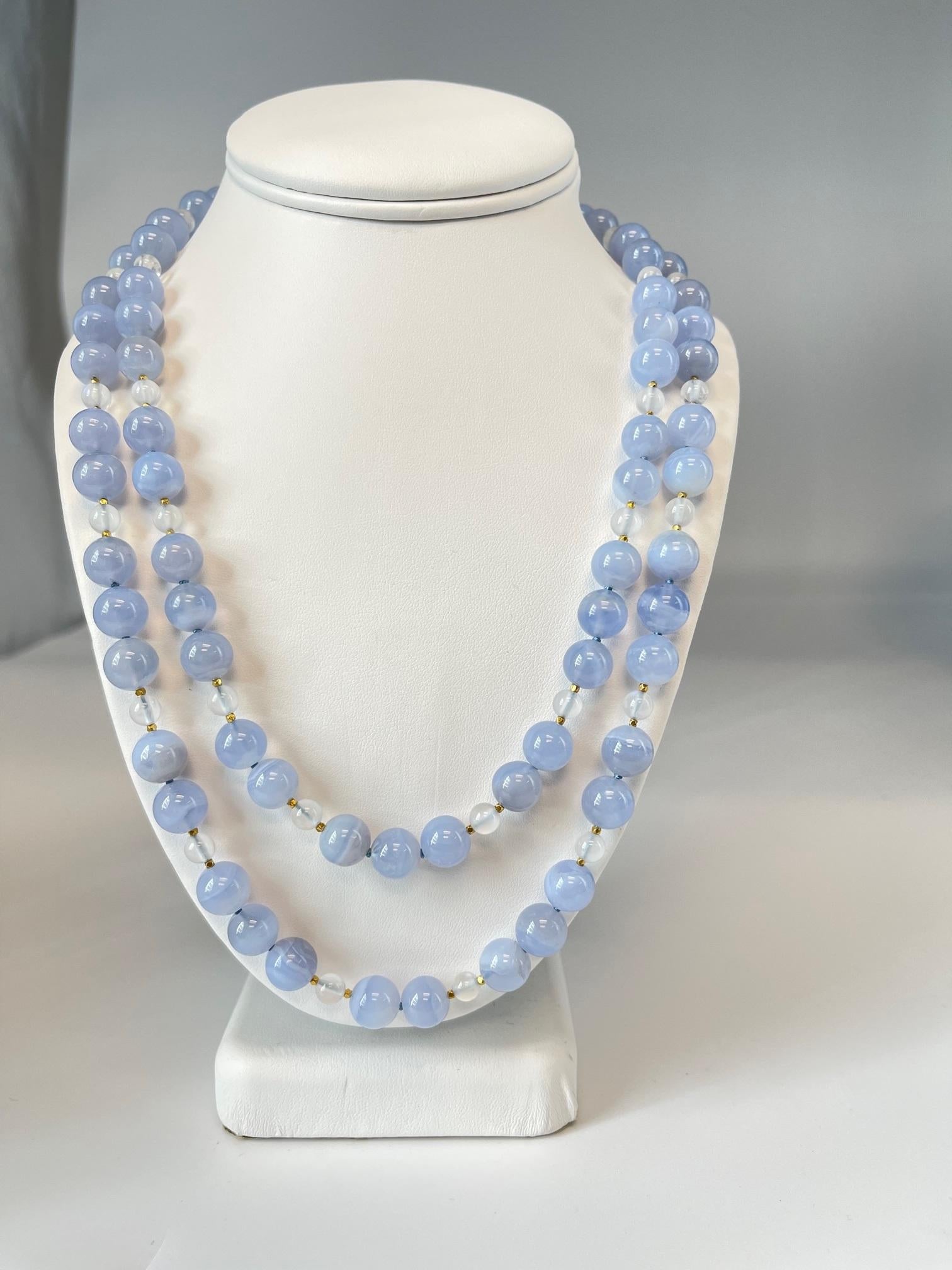10mm Chalcedony and Moonstone Bead Necklace with Yellow Gold Accents For Sale 3