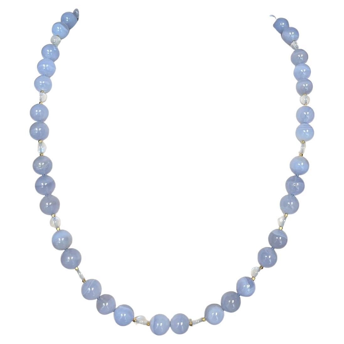10mm Chalcedony and Moonstone Bead Necklace with Yellow Gold Accents For Sale