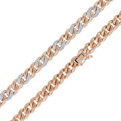 Chaîne collier à maillons cubains bicolore 2 à 1 en or rose et blanc 18 carats avec diamants