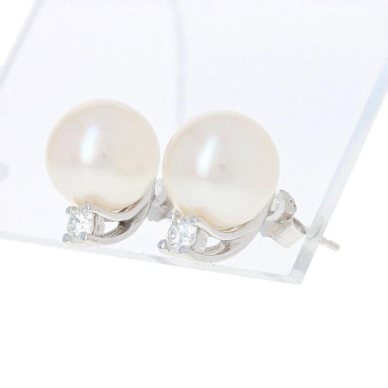 Round Cut Cultured Pearl and Diamond Earrings, 18 Karat White Gold Pierced Studs