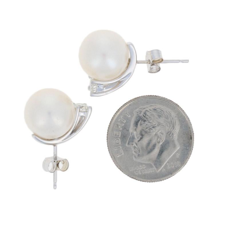 Women's Cultured Pearl and Diamond Earrings, 18 Karat White Gold Pierced Studs