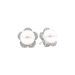 Roman Malakov 0.73 Carats Total Round Diamond & White Pearl Flower Stud Earrings