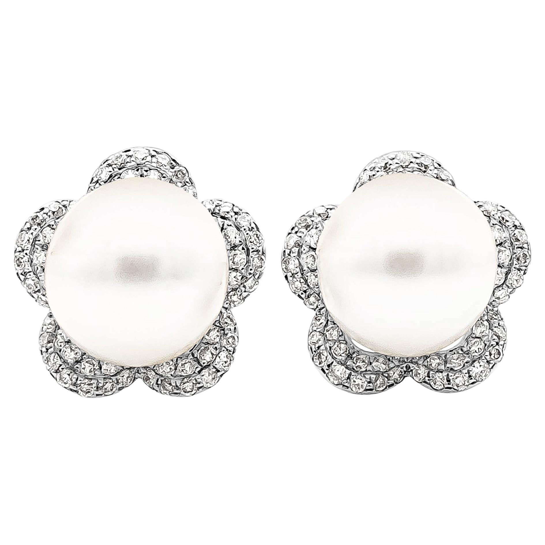 Roman Malakov 0.73 Carats Total Round Diamond & White Pearl Flower Stud Earrings For Sale